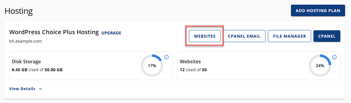 Hosting area, WEBSITES button