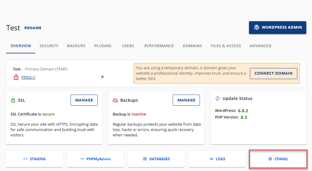 CPANEL button under quick links