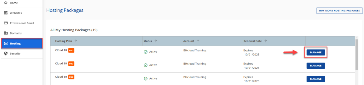 Hosting tab - Manage button