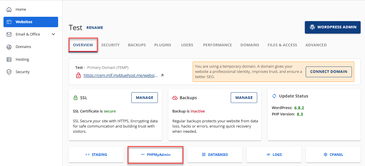 Delete Themes and Plugins - Websites tab - Overview tab