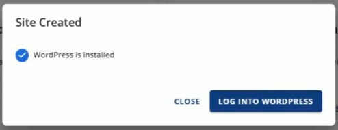 Install WordPress - Site Created pop-up