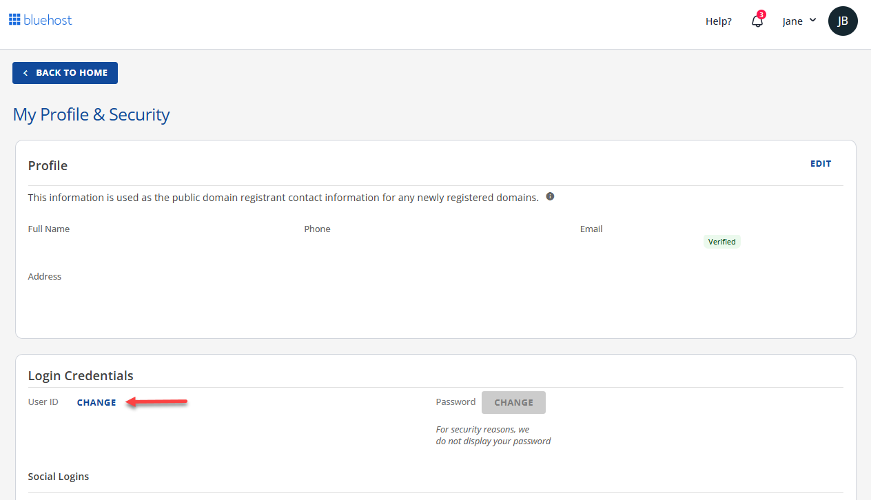 Bluehost Account Manager My Profile - User ID - Change