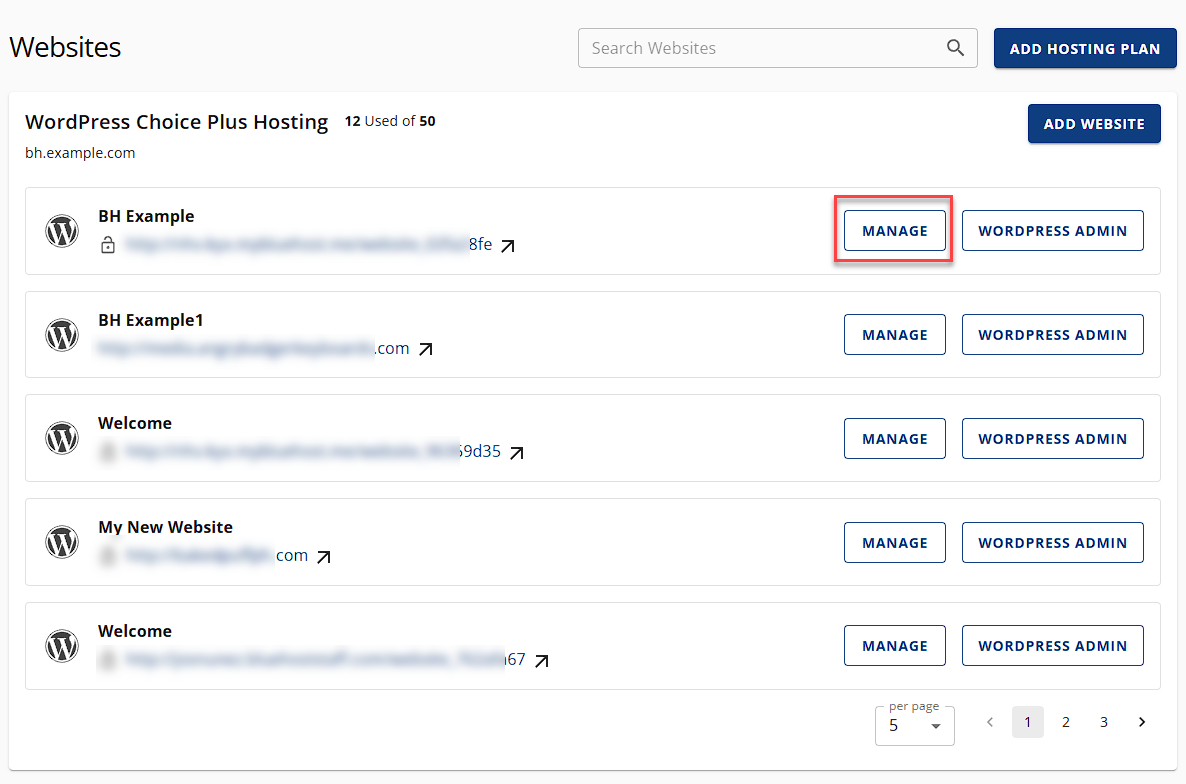 Websites area, MANAGE button