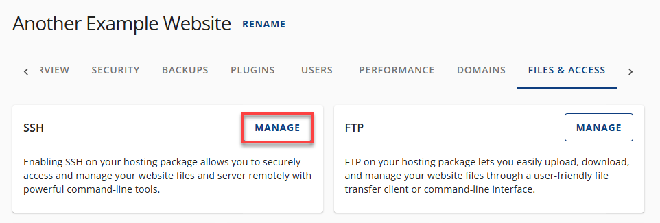 Bluehost Account Manager - Websites Files and Access Manage SSH