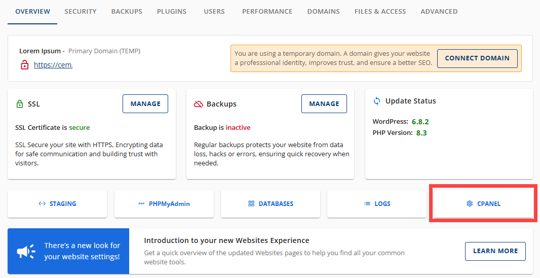 Bluehost Account Manager - Websites Tab -  Overview