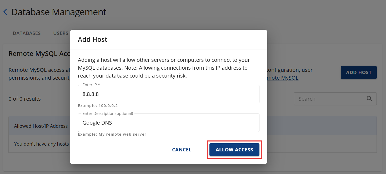 Databases - Remote - Add Host - Allow Access
