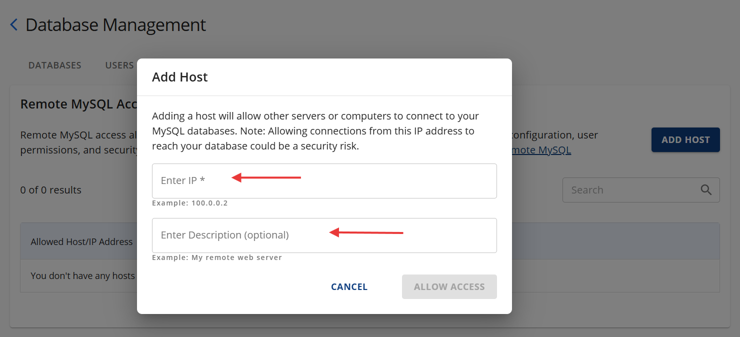 Databases - Remote - Add Host