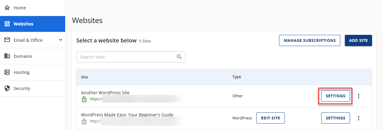 Websites - Settings