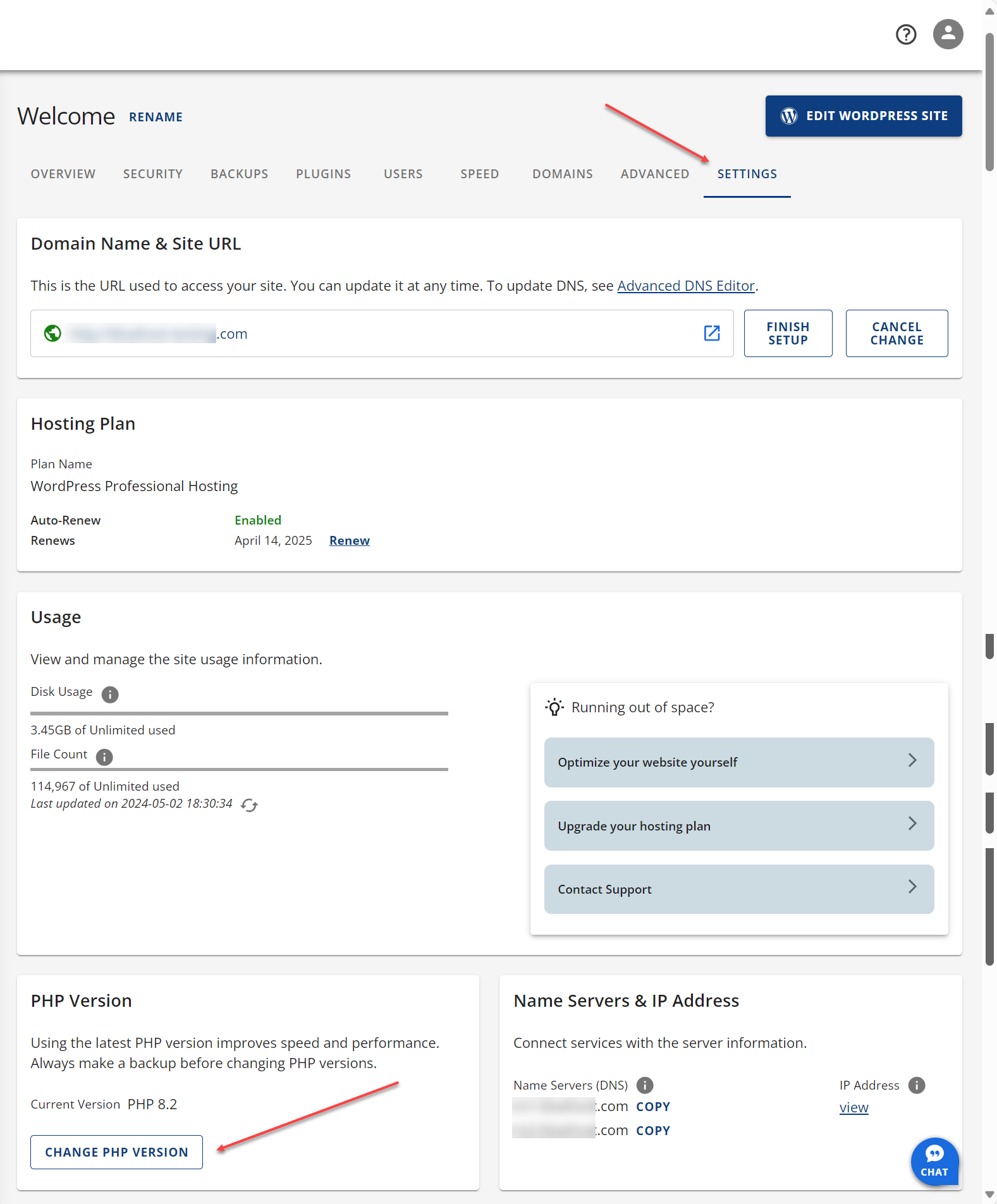 Settings tab and Change PHP version button