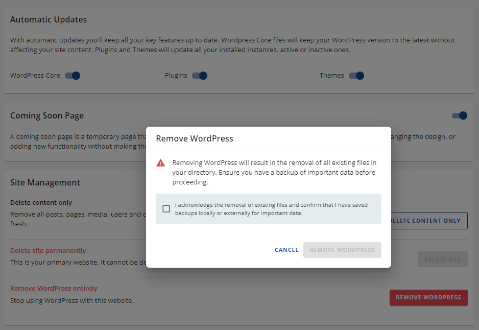 Websites tab - Settings - Remove WordPress