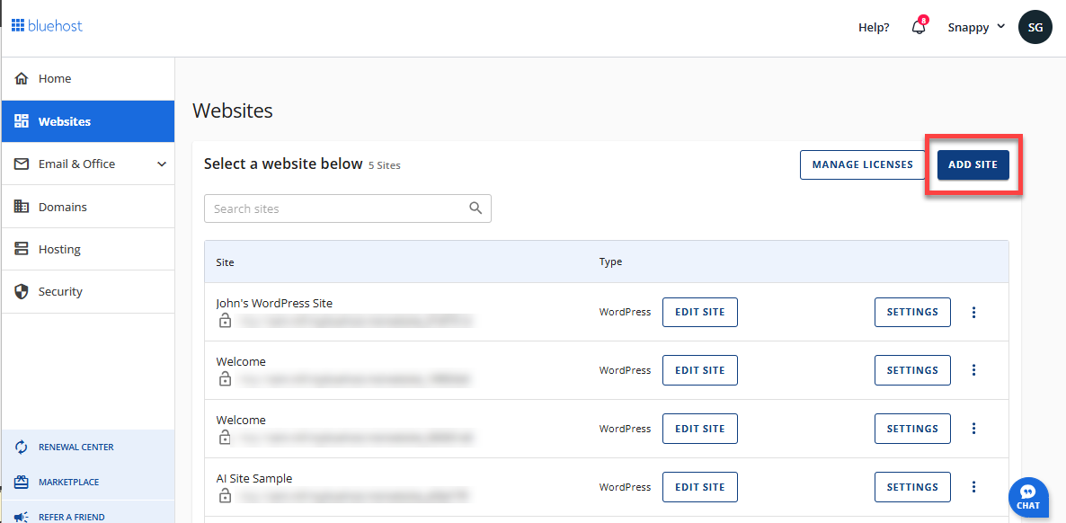 Install WordPress - Add Site button