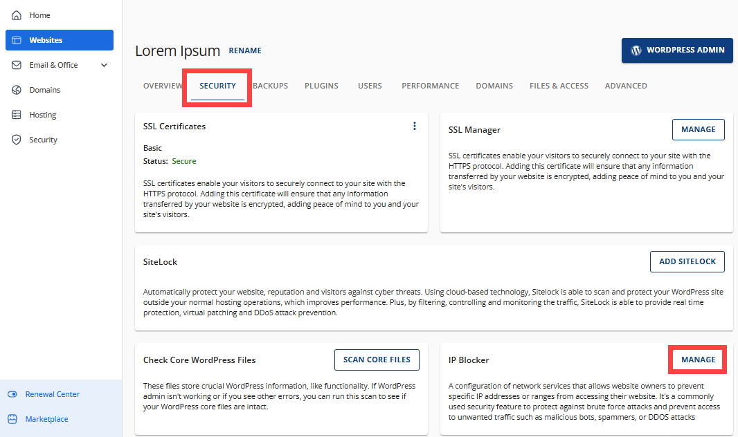 Bluehost Account Manager - Websites Security Tab - IP Blocker