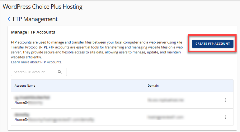 Create and Manage FTP - Create FTP Account button