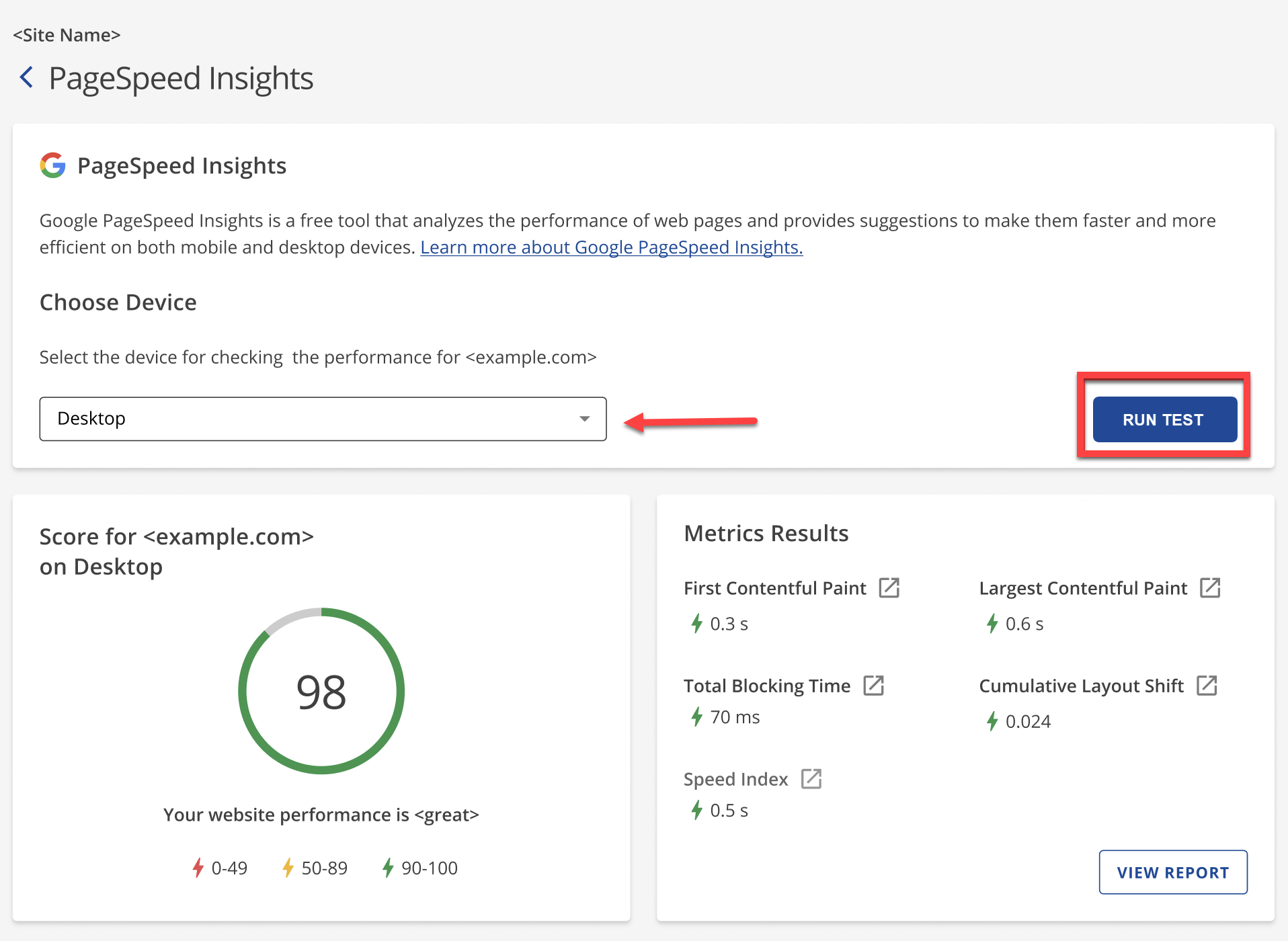 Google Page Insights - Select device and Run Test button