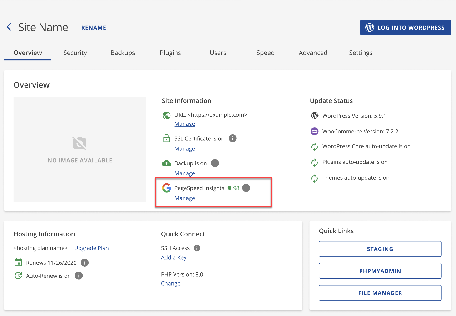 Overview tab - PageSpeed Insights - Manage link