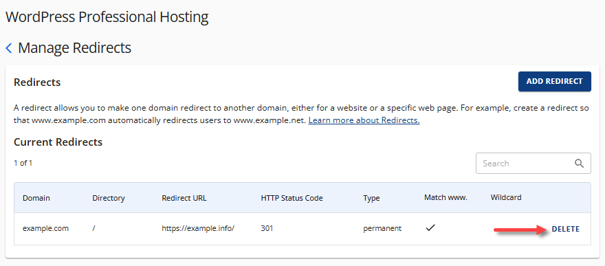Redirect a Domain - Delete button