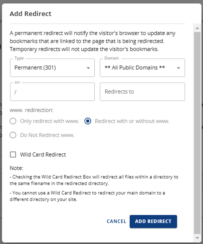 Redirects settings