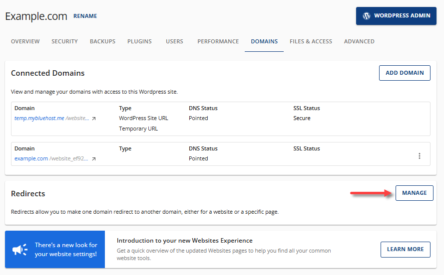 Redirect a Domain - Domains tab - Redirects