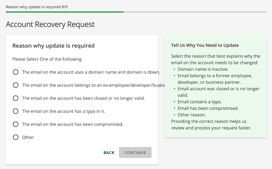 Select Reason for the update