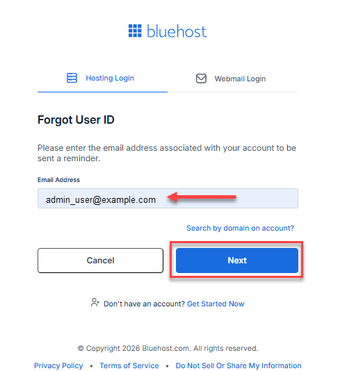 Bluehost Account Manager Enter Email address