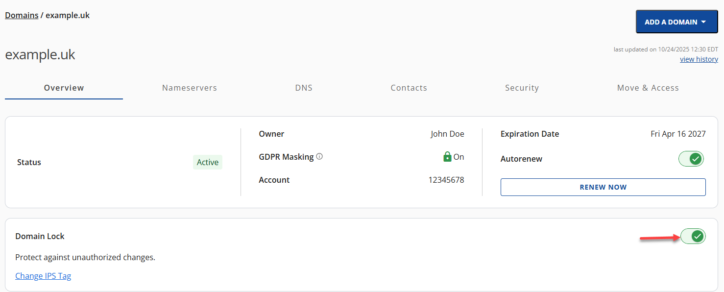 Bluehost Account Manager - Domains Management Panel specific domain selected with Domain Lock Box click toggle domain lock off -