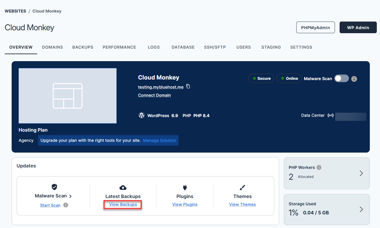 Bluehost Account Manager - Website Manage button