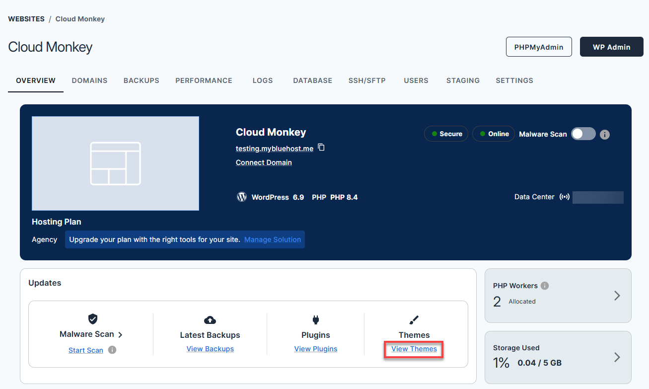 Bluehost Account Manager - Website Manage button