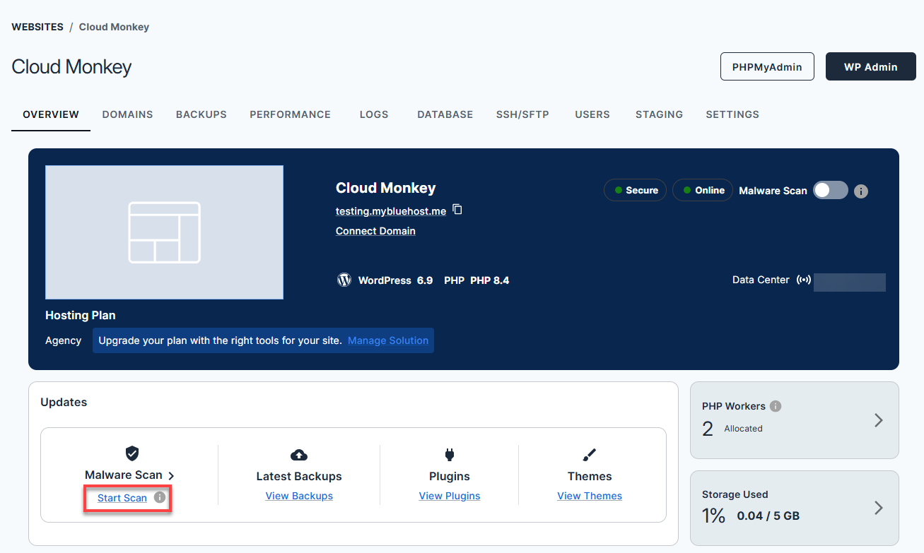 Bluehost Account Manager - Website Manage button