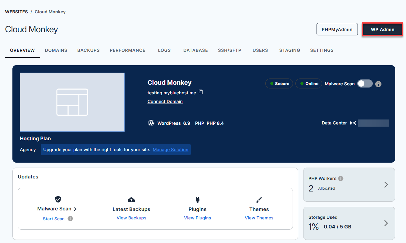 Bluehost Account Manager - Website Manage button