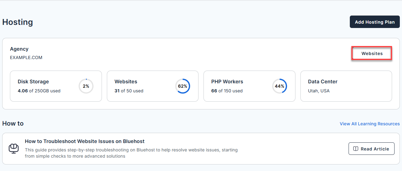 Bluehost Account Manager - Website Manage button