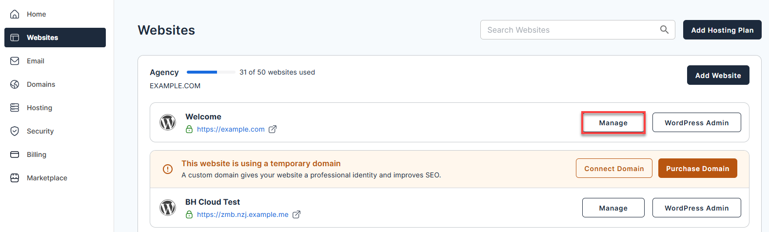 Bluehost Account Manager - Website Manage button