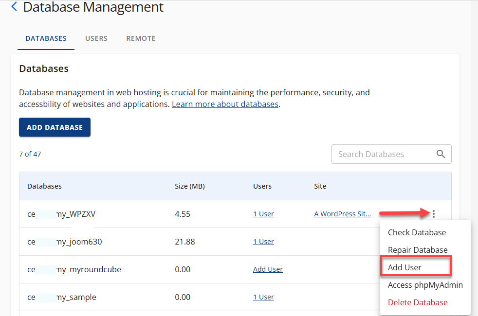 Manage MySQL Database - Add User