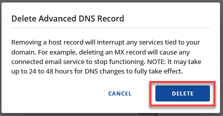 Delete ADNS Record Popup Delete link
