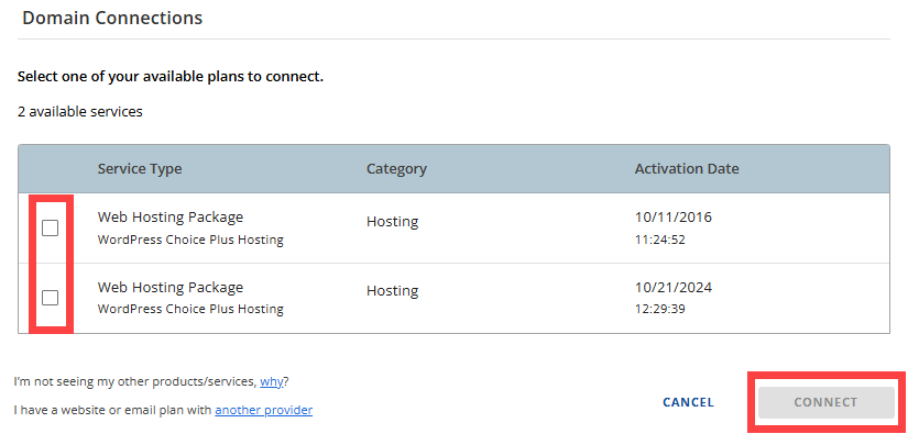 Domain Connections - Select the Package
