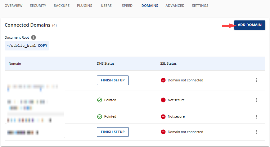 Websites - Domains Tab - Add Domain