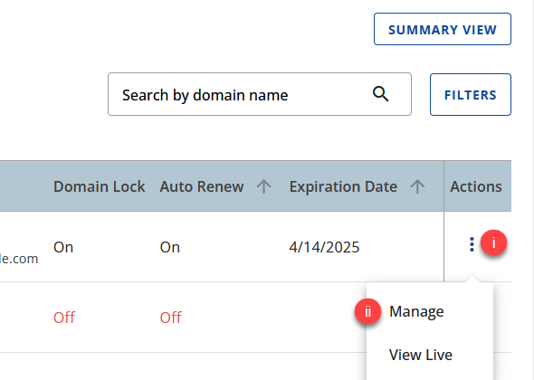 Cloud Hosting All My Domains Manage Dropdown option