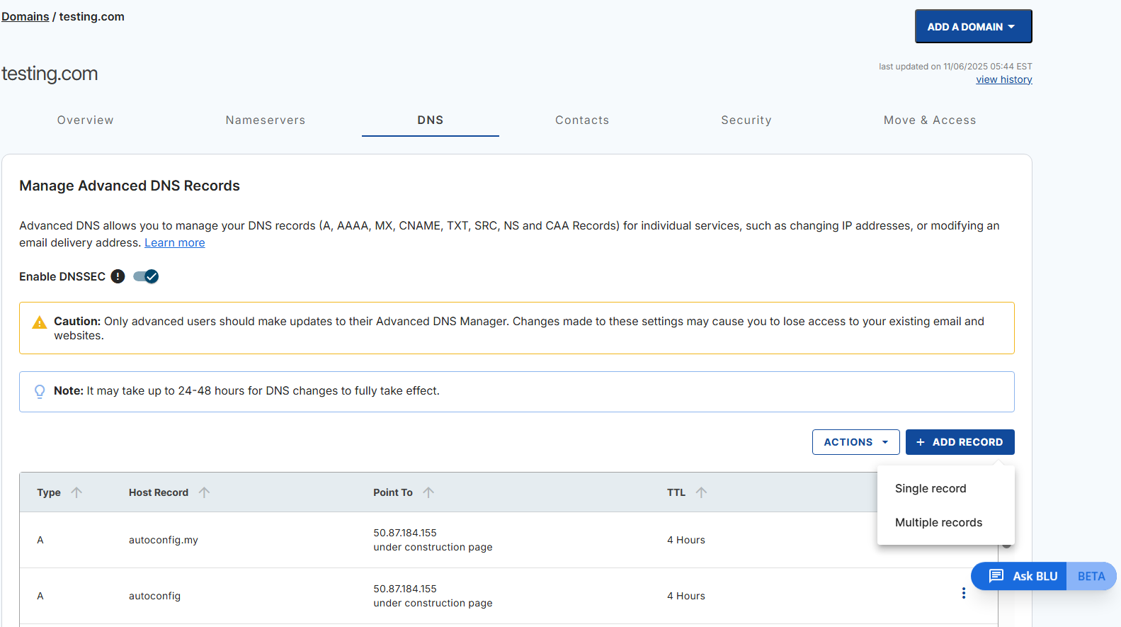 Domains tab - DNS tab - + Add Record button