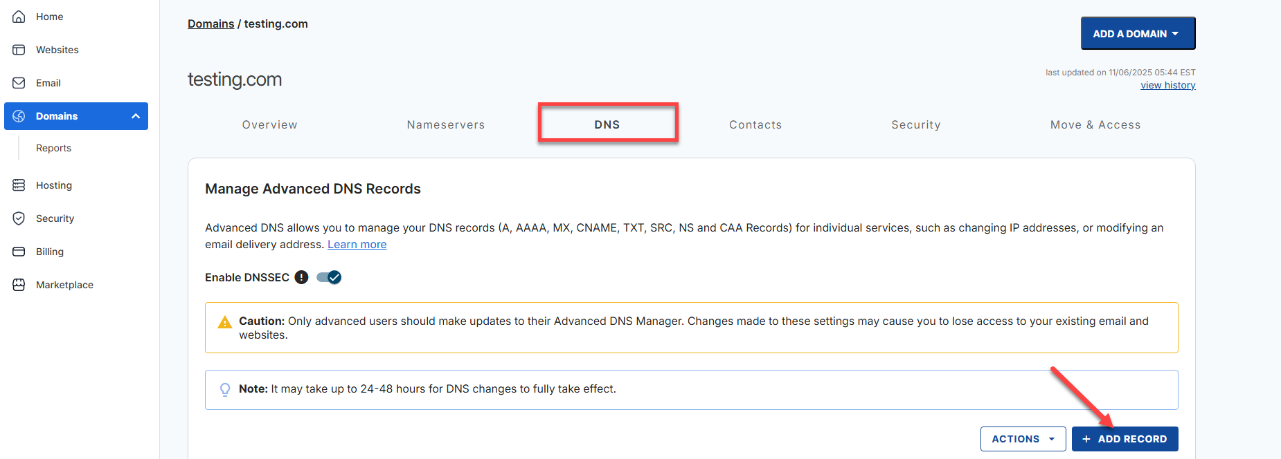 Domains tab - DNS tab - + Add Record button