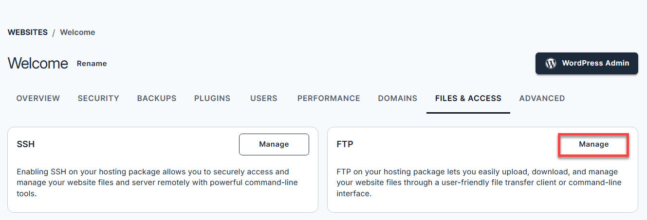 Advanced tab - FTP Access