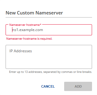 Nameservers Tab - Custom Nameservers - Add