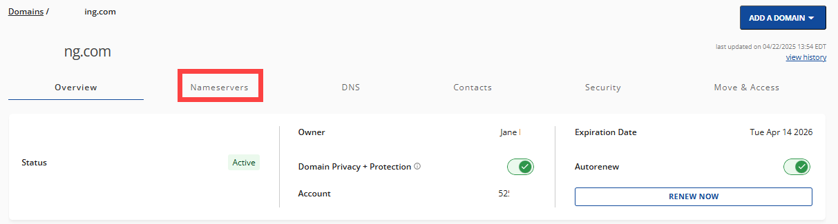 Nameservers Tab