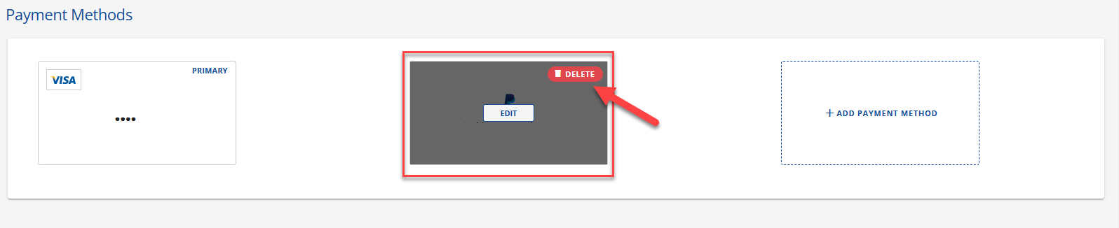 Payment Methods Section Delete option