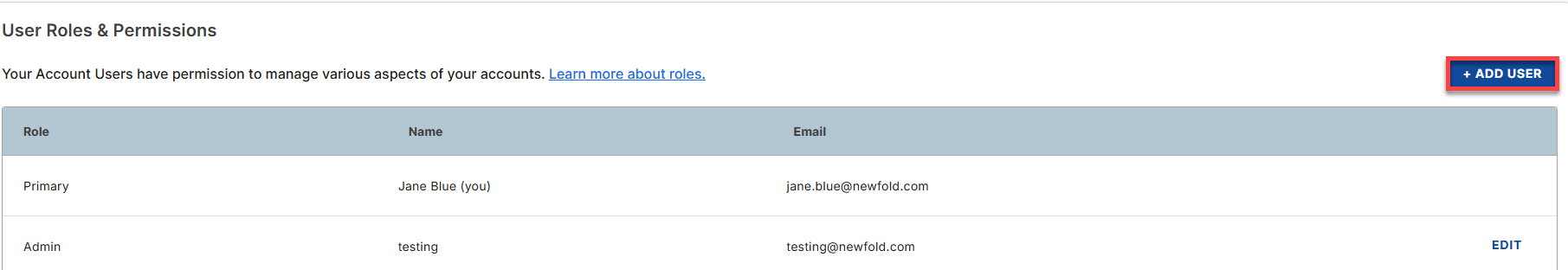 Add User button under Users & Roles