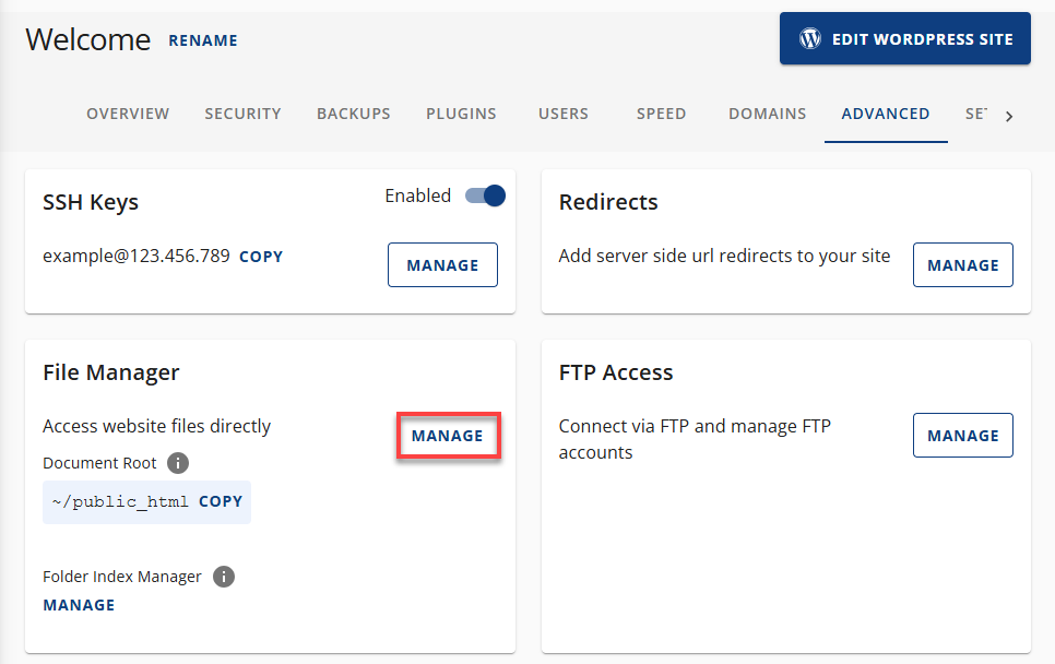 Bluehost AM Website Advanced Tab File Manager