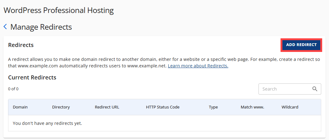 Add Redirect button