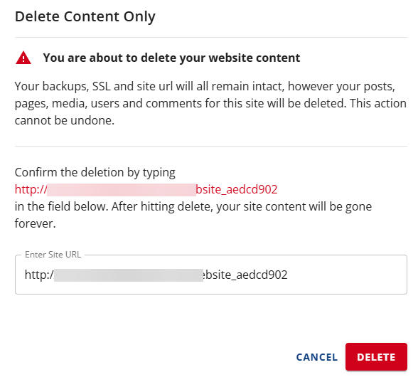 Bluehost Account Manager - Advanced Tab Site Management - Delete content only