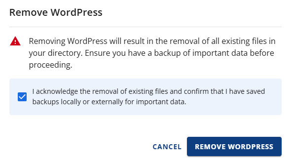 Bluehost Account Manager - Advanced Tab Site Management - Remove WordPress entire;y