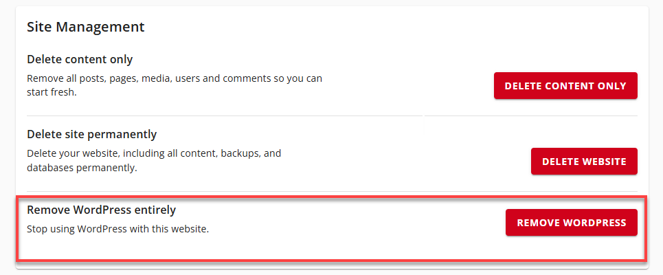 Bluehost Account Manager - Advanced Tab Site Management - Remove WordPress entire;y