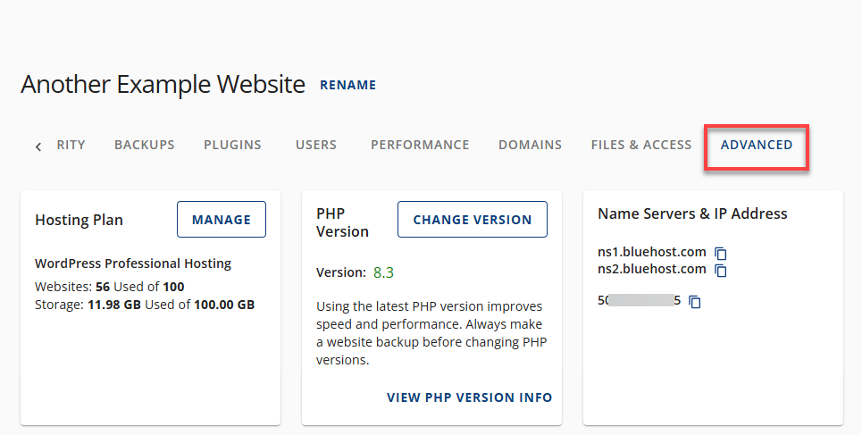 Bluehost Account Manager - Advanced Tab