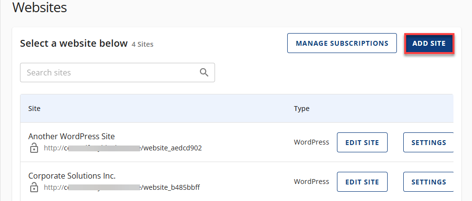 Install WordPress - Add Site button